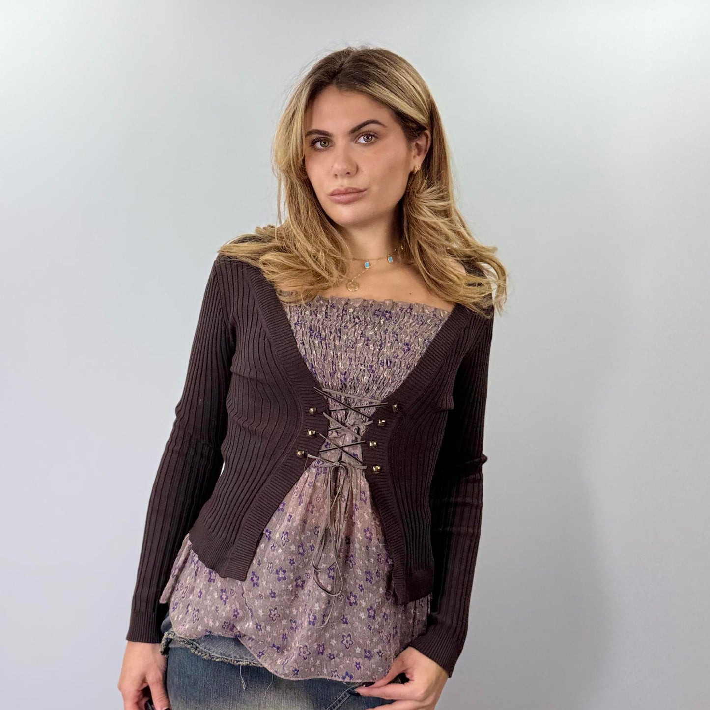 Dark Brown Ribbed Knit Top with Lace-Up Front Detail- SIZE M