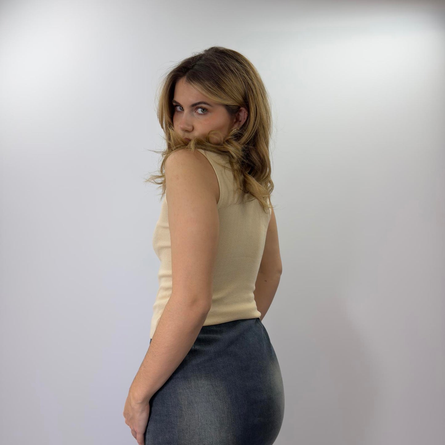 Cream Sleeveless High Neck Knit Top- SIZE M