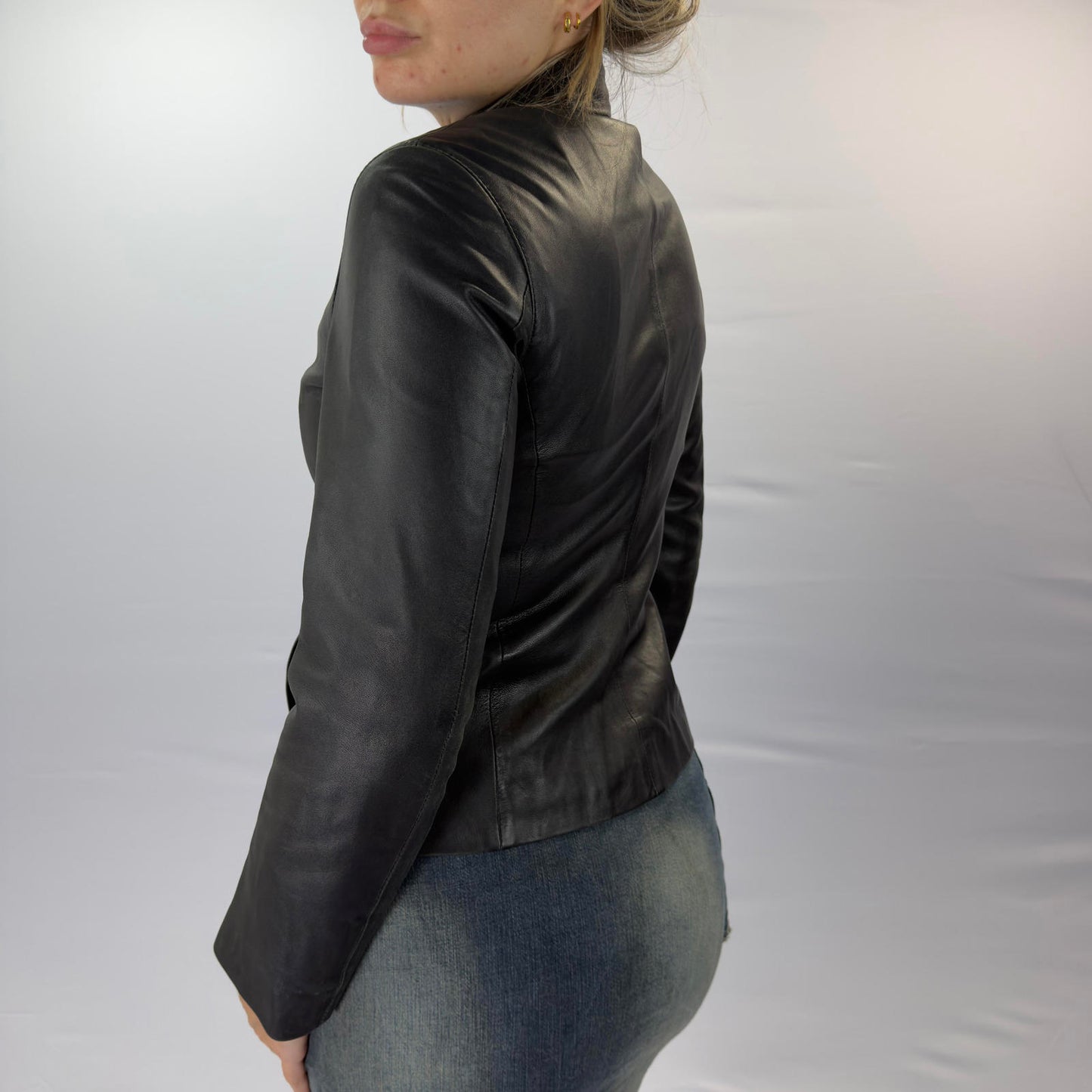 Made in Italy Women's Black Leather Jacket with Front Zip- SIZE S