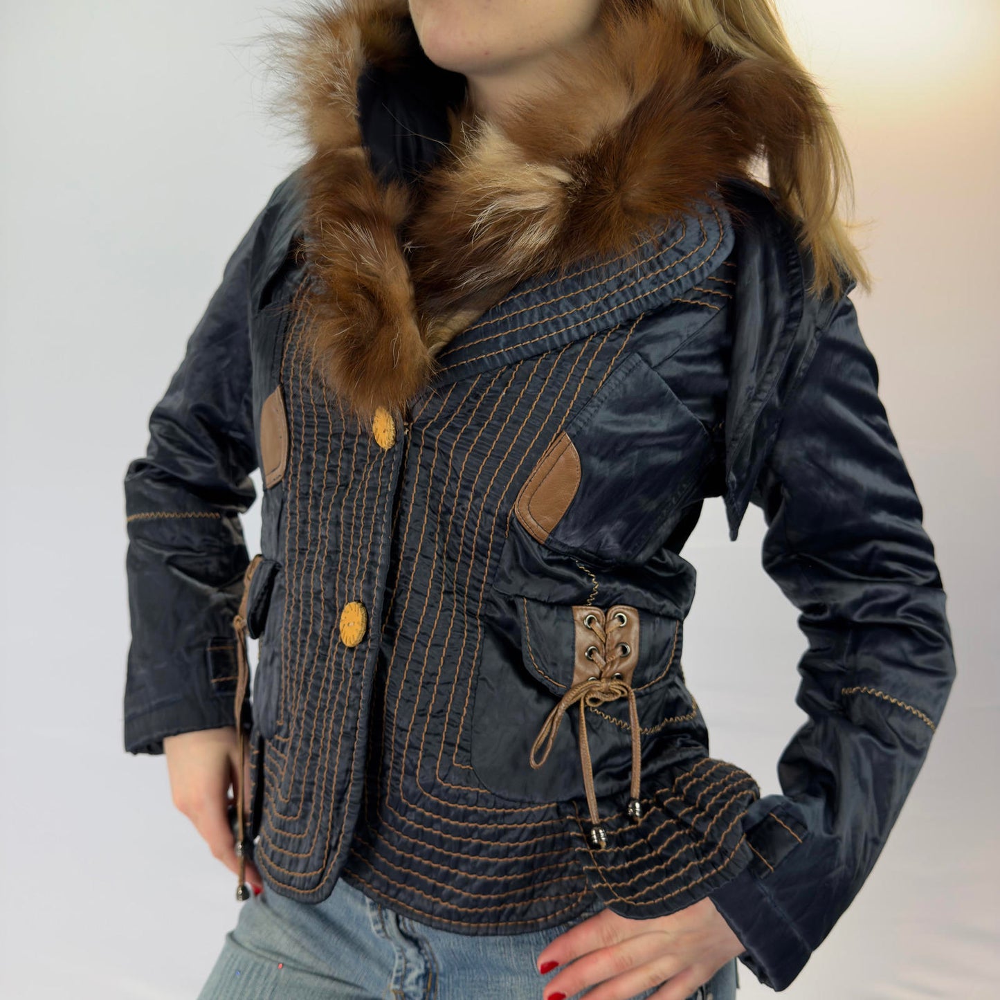 Gerve Blue Quilted Jacket with Fur Collar and Lace-up Details- SIZE S