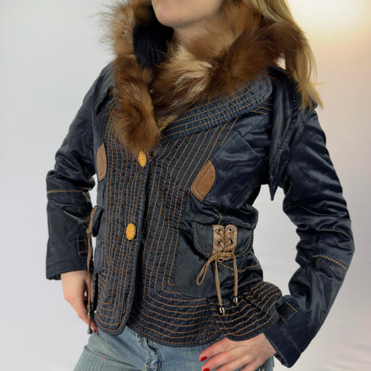 Gerve Blue Quilted Jacket with Fur Collar and Lace-up Details- SIZE S