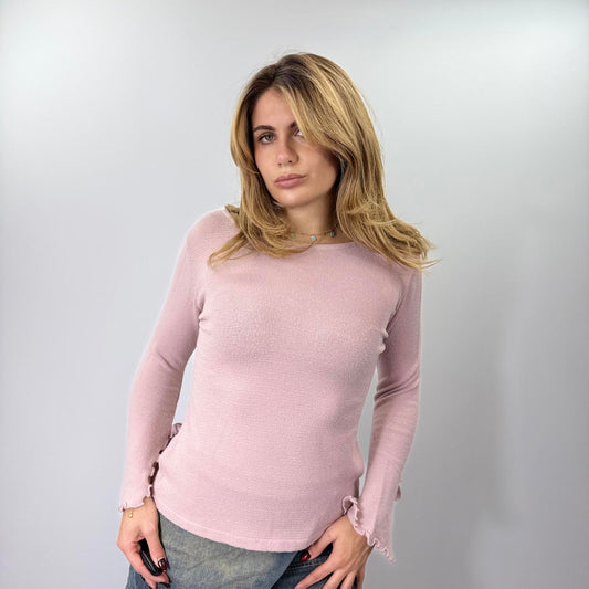 Pink Long Sleeve Wool Top with Flared Cuffs and Tie Detail- SIZE M
