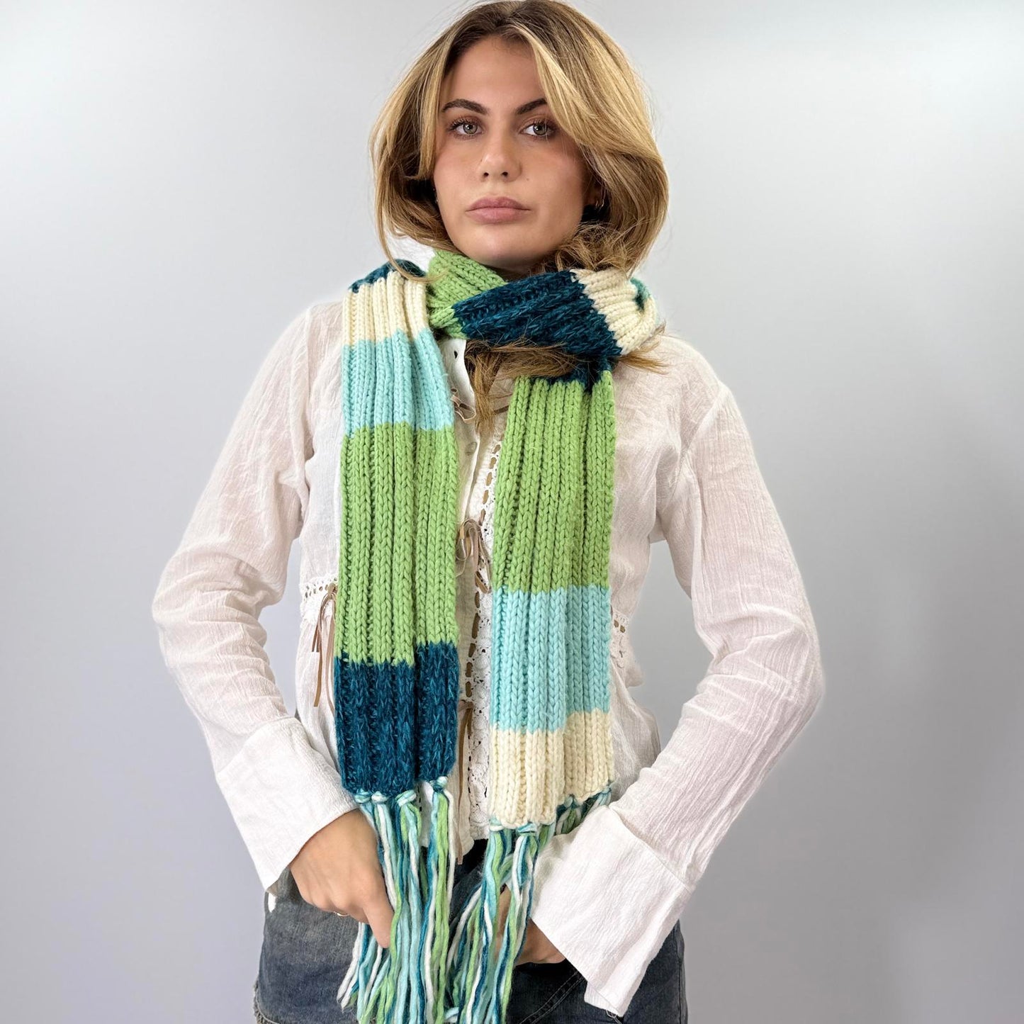 Striped Knit Wool Blend Scarf with Fringe