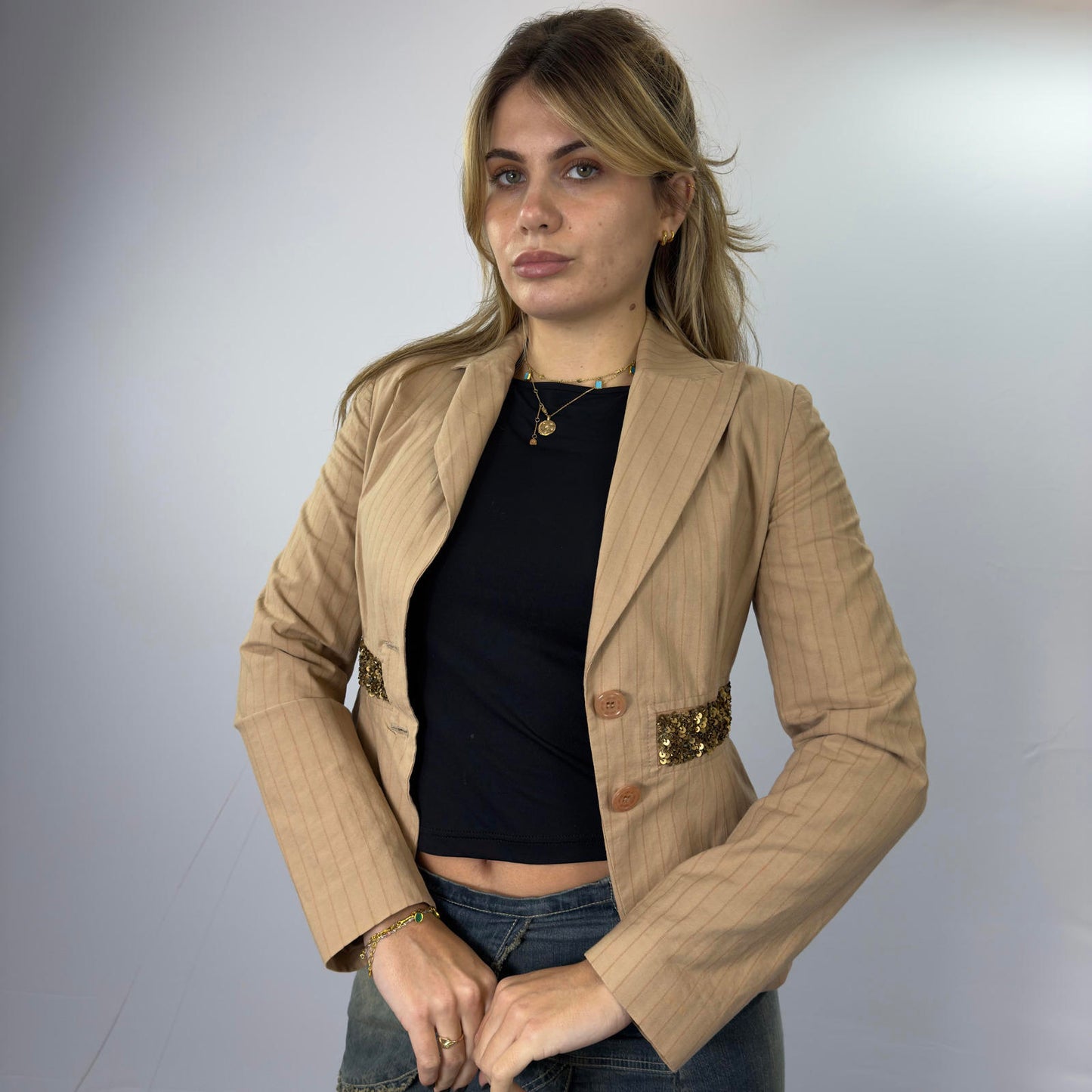 Liu Jo Beige Pinstripe Blazer with Sequin Detail- SIZE S