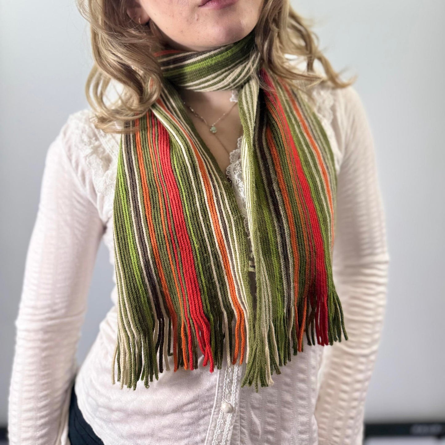 Striped Green and Orange Women's Scarf with Fringe