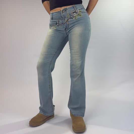 Jia Xilong Light Blue Flare Women's Jeans with Floral Embroidery- SIZE M