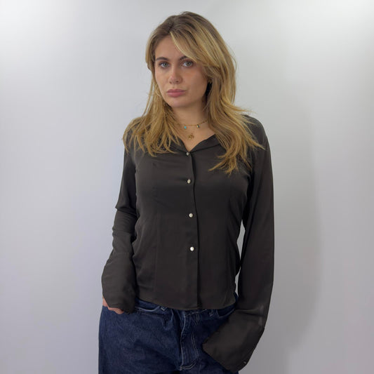 Brown Satin Button Up Shirt - SIZE M