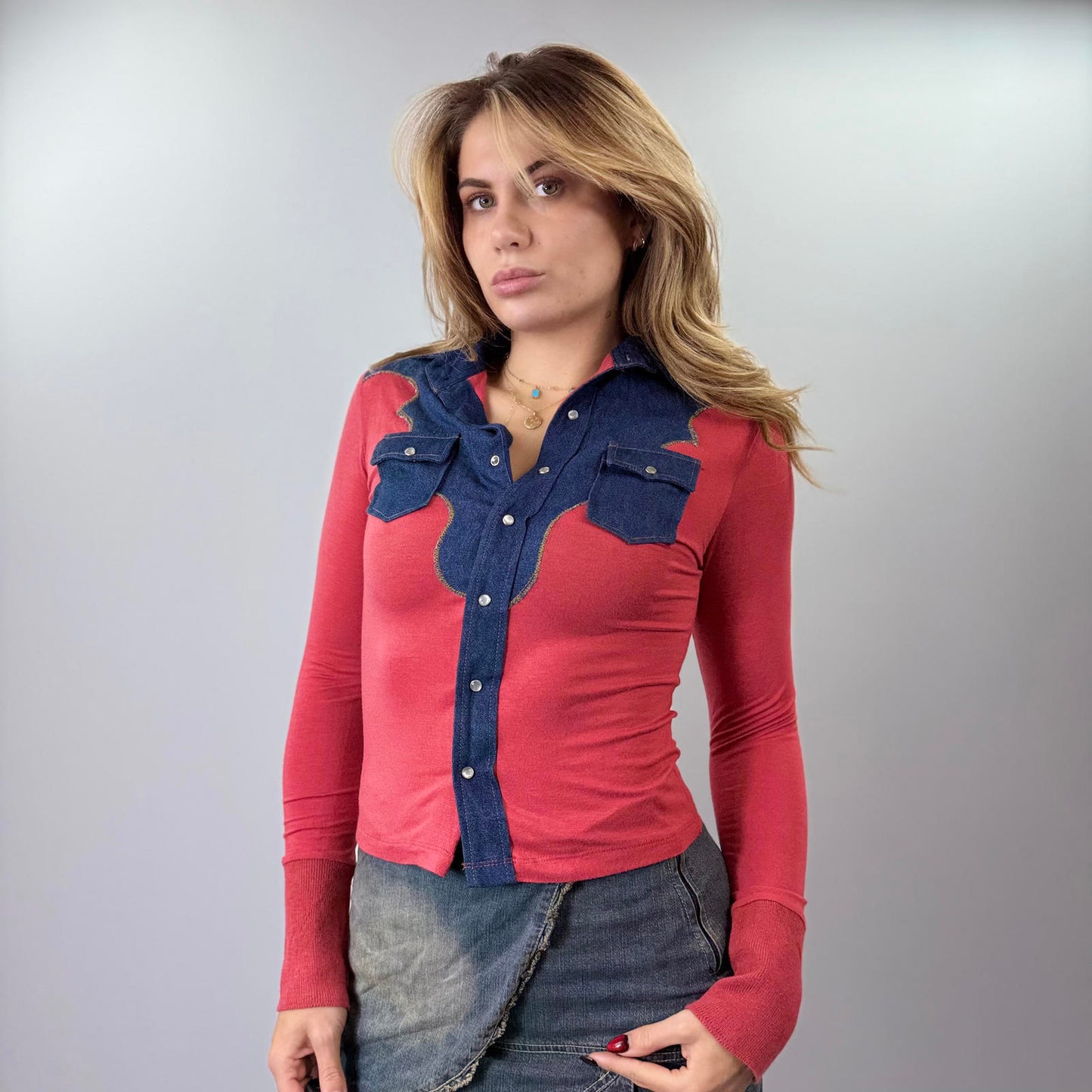 Matt Davis West Coast Red and Denim Long Sleeve Top- Size S