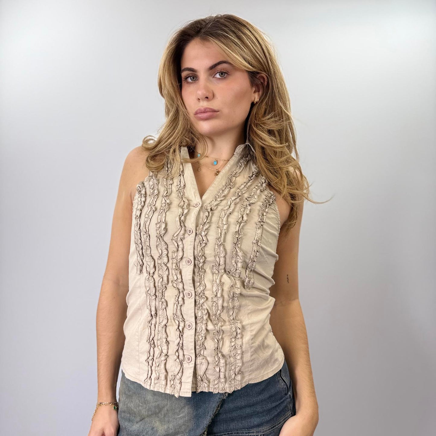 S&W Beige Sleeveless Ruffle Detail Button-Up Top- SIZE M