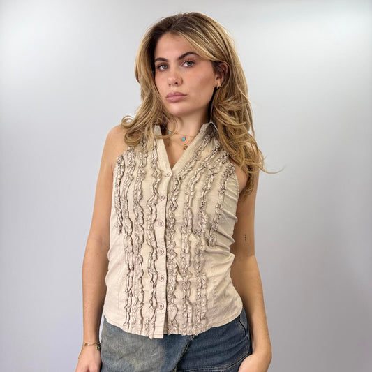 S&W Beige Sleeveless Ruffle Detail Button-Up Top- SIZE M