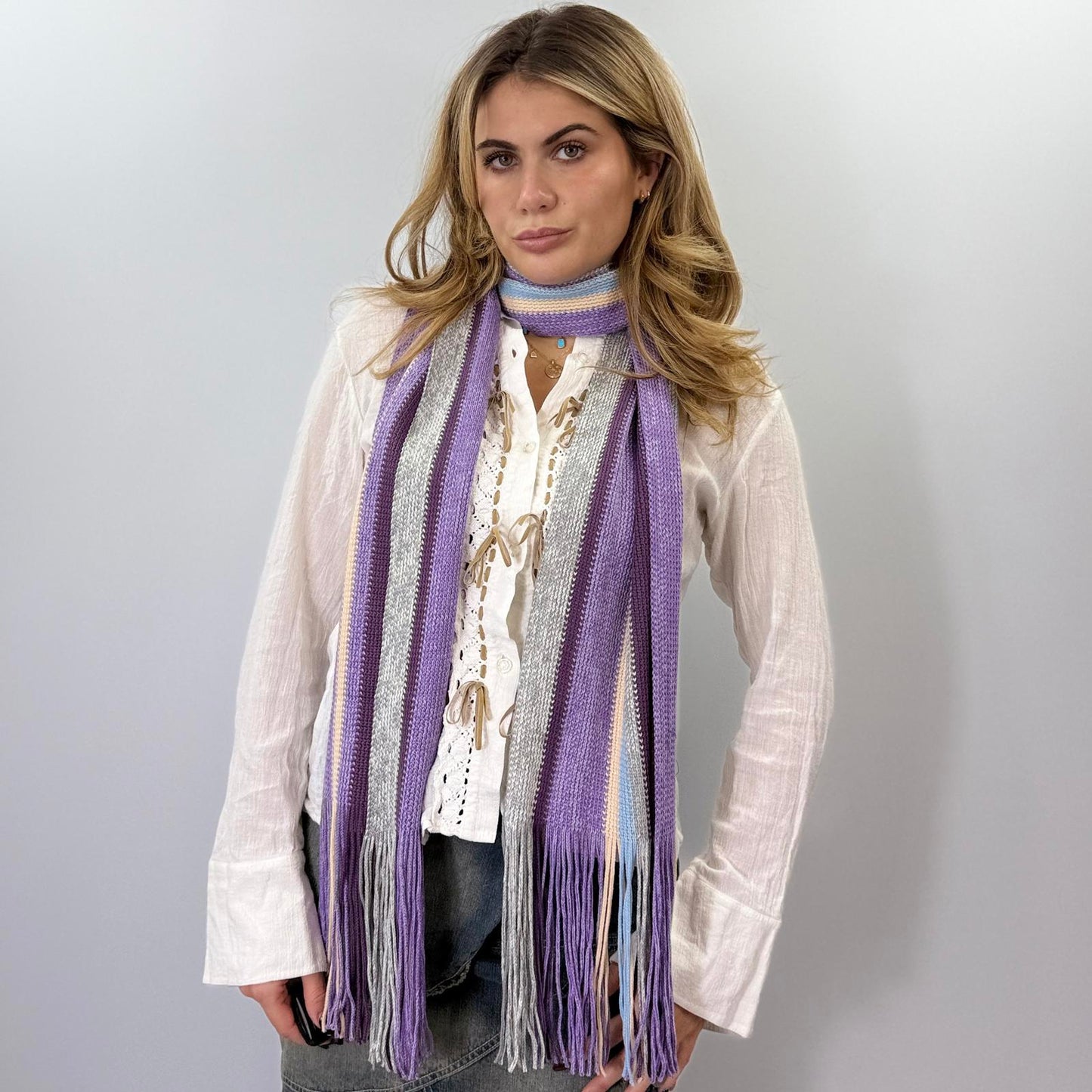 Striped Knit Scarf in Purple, Blue, and Grey Tones