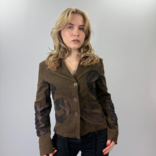 Claru Brown Button-Up Blazer with Unique Patchwork Design- SIZE S