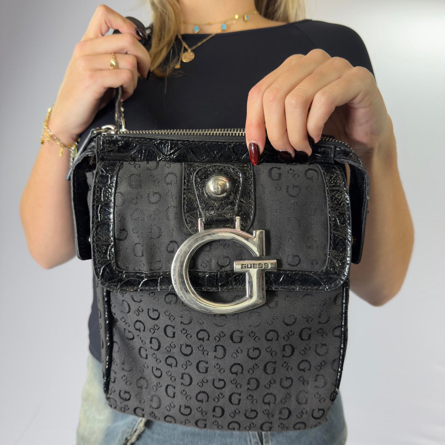 Guess Black Monogram Crossbody Bag with Large G Buckle