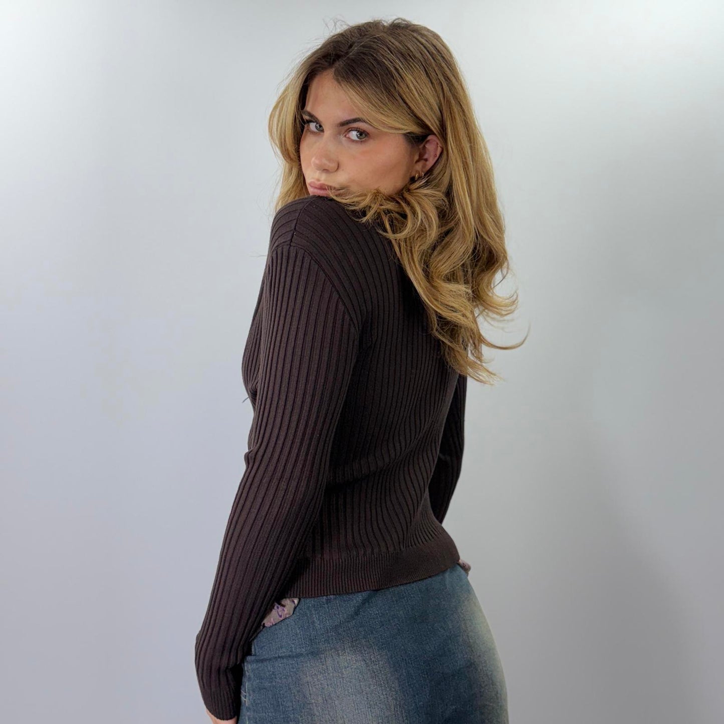 Dark Brown Ribbed Knit Top with Lace-Up Front Detail- SIZE M