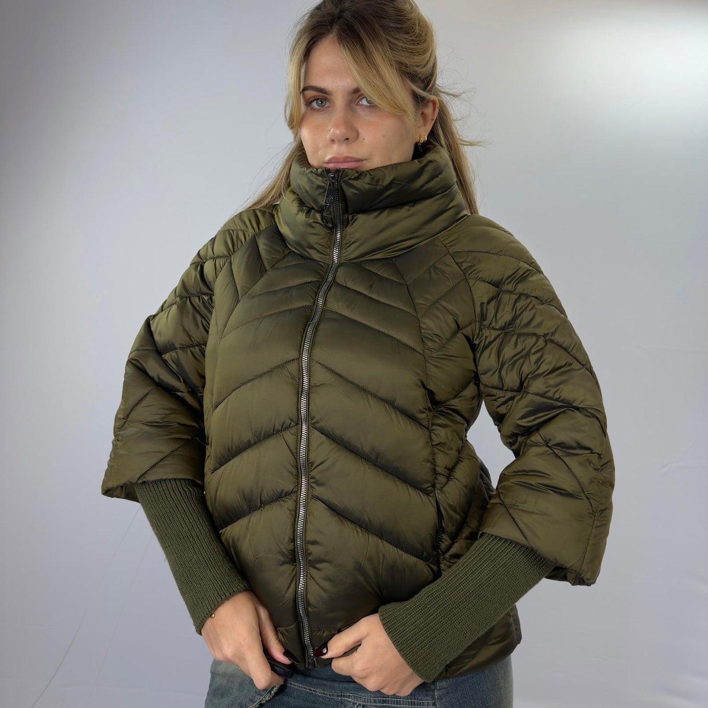 Hybris Olive Green Puffer Jacket with Knit Sleeve Cuffs- SIZE S