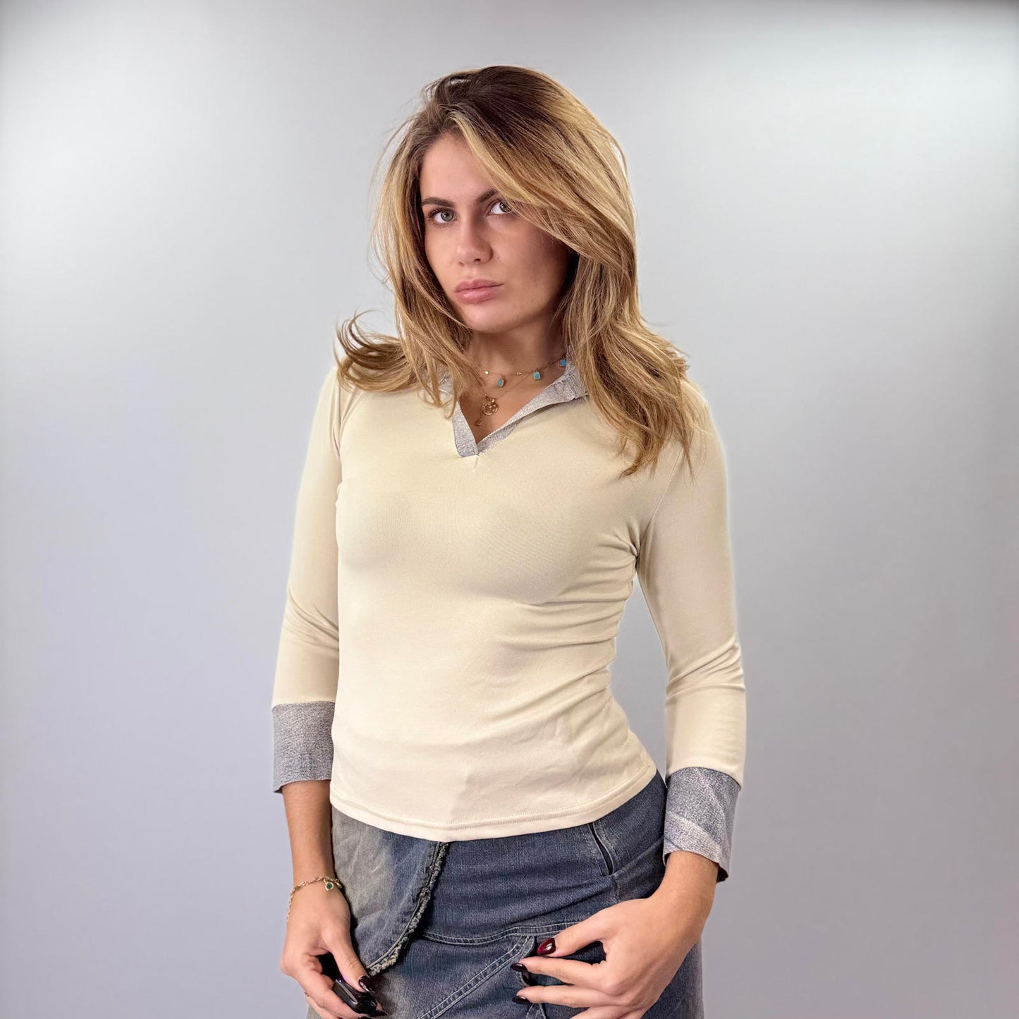 3/4 Sleeve Cream and Denim Top - SIZE M